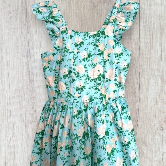 BLUEBERI BOULEVARD Women's Blue Pink Green Floral Ruffle Sleeve Smocked Dress S - Picture 2 of 7